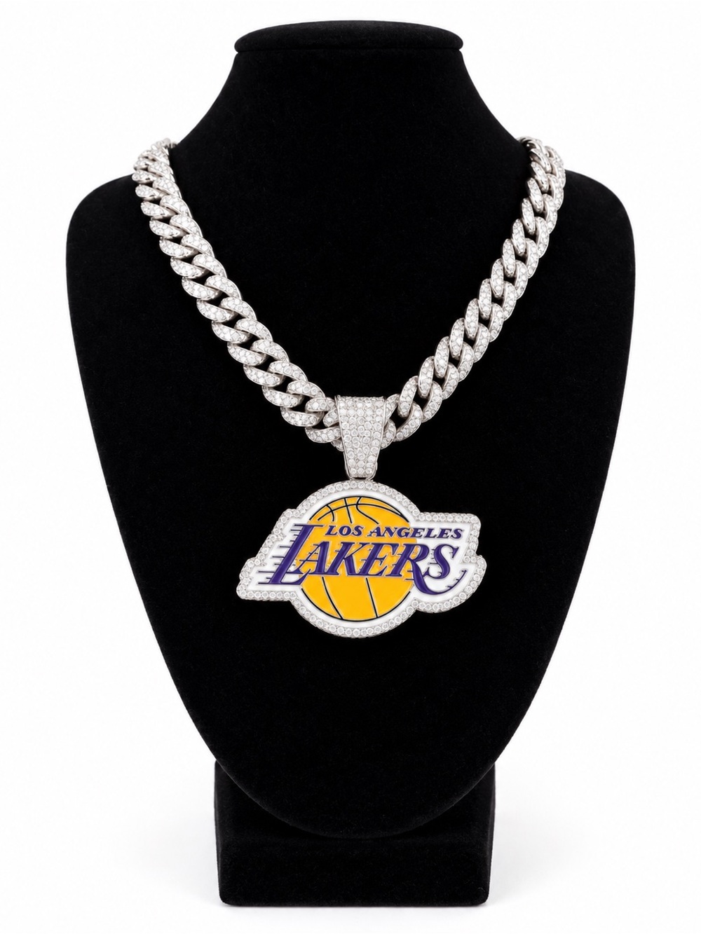 Iced Out NBA Los Angeles Lakers Silver Chain with Yellow & Purple Logo Pendant